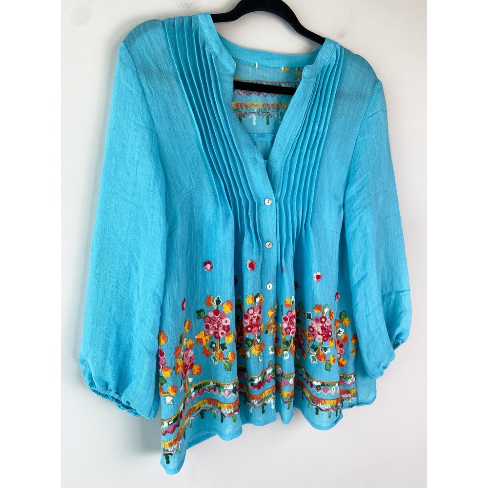 Turquoise Blue Embroidered Peasant Blouse Top Pintuck Floral Boho Balloon Sleeve - Picture 2 of 8